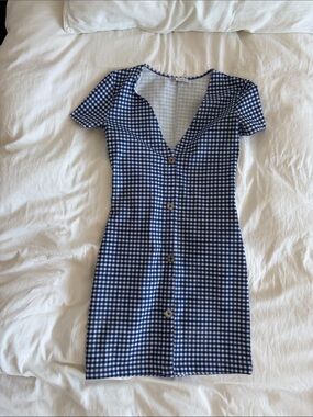 Zara Blue & White Gingham Button-Front Mini Dress